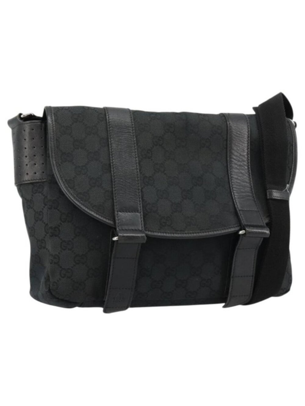 Authentic GUCCI GG Canvas Shoulder Bag Black Silver 145859